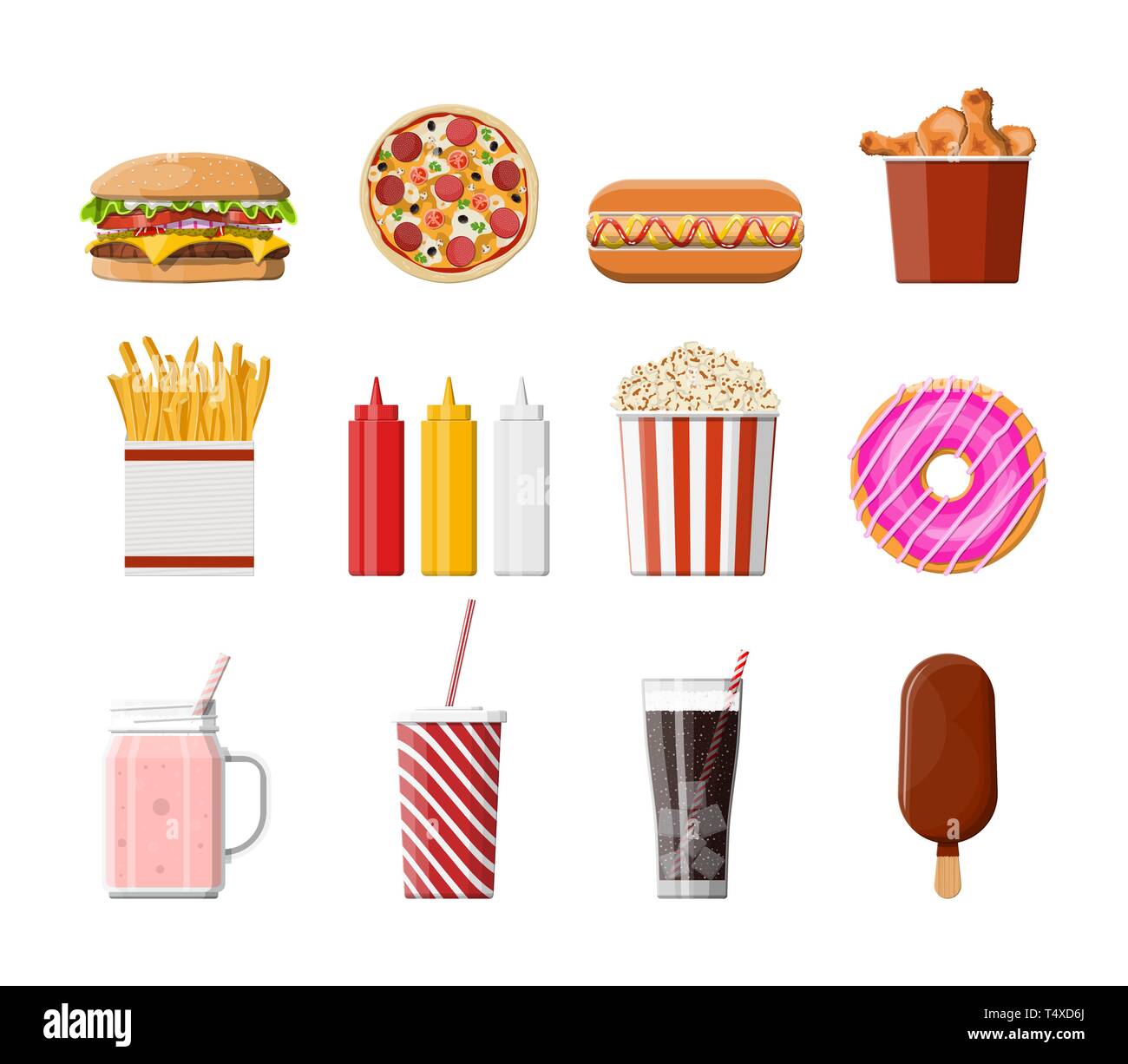 Fast food icons set. Burger, pizza, hotdog, fried chicken, fries