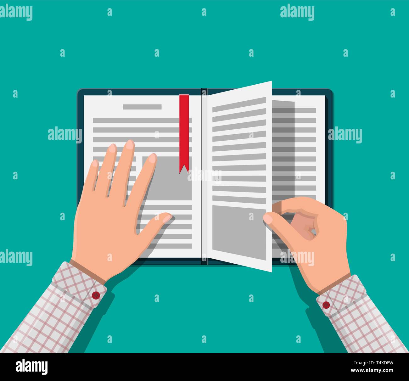 Open book with an upside down page and bookmark. Reading, education, ebook, literature