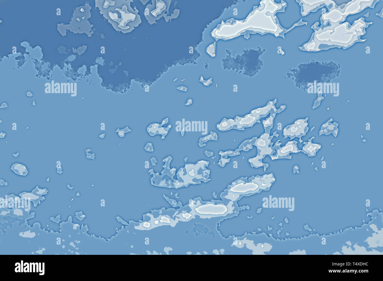 White and blue background texture. Abstract map with north shoreline, sea, ocean, ice, mountains, clouds. The surface of fantasy planet. Stock Photo