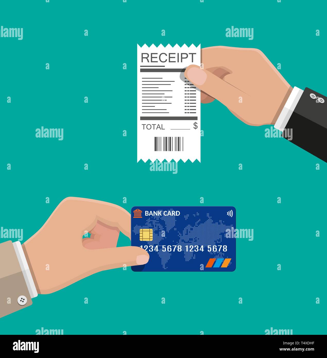 Hand Holding Receipt And Credit Card Paper Invoice Total Bill With Dollar Symbol And Plastic Bank Card Cashless Payment Concept Vector Illustratio Stock Vector Image Art Alamy