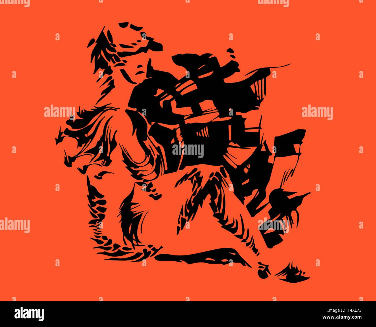 Vector image of a fantastic amphibian woman. The chimera girl is drawn in black ink on a saturated red-orange background.The mutant is depicted in a s Stock Vector