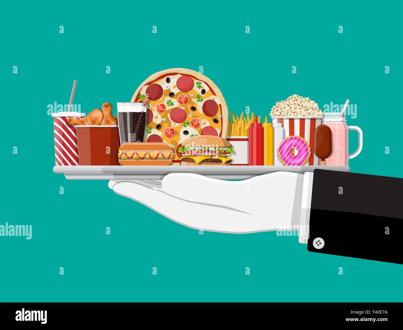 Tray with fast food in hand of waiter. Burger, pizza, hotdog, fried chicken, fries, popcorn, donut, milk cocktail cola soda, ice cream, glass bottles  Stock Vector