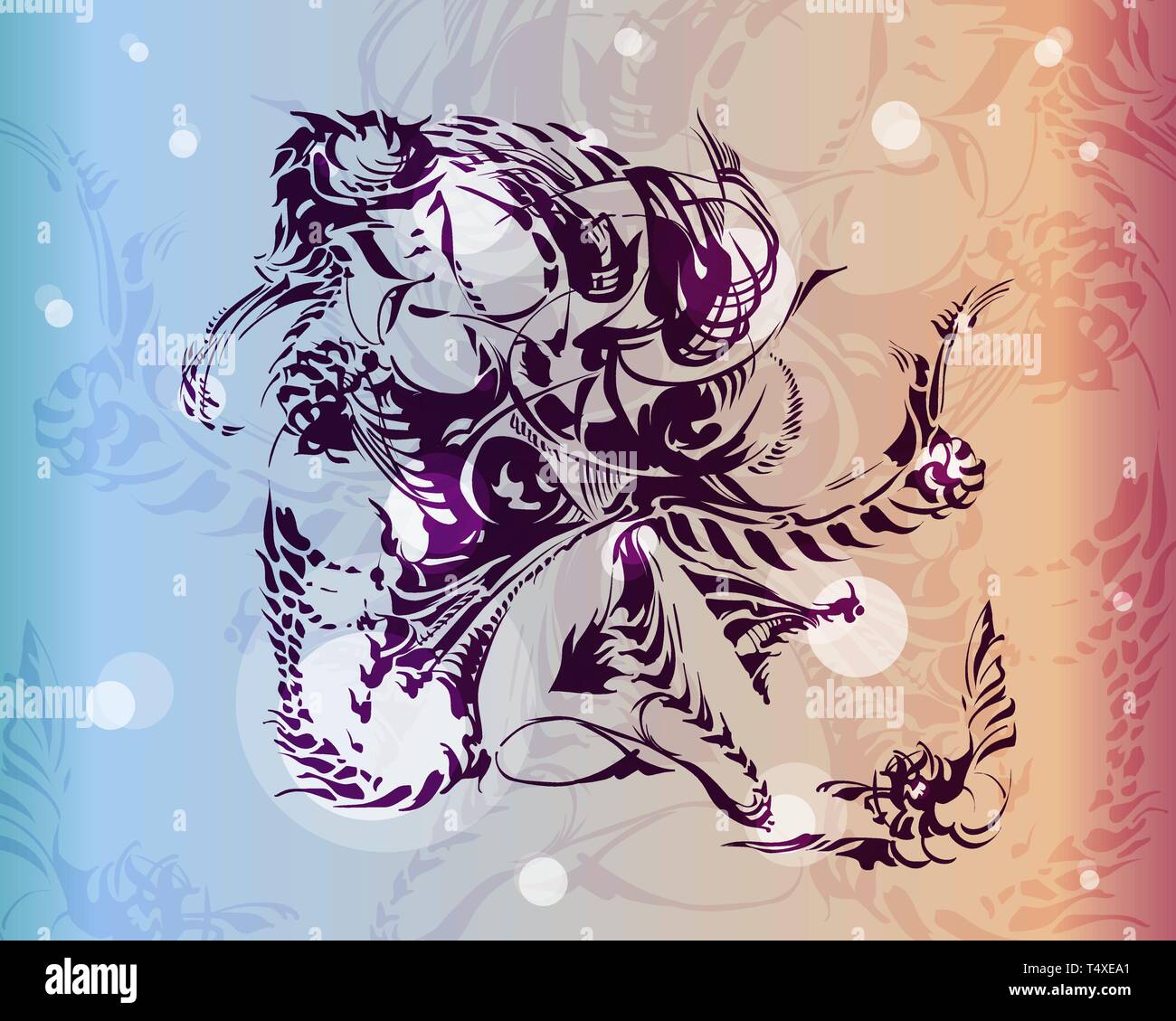 Vector image of a fantastic amphibian woman. The mutant is depicted in a seated pose. Silhouette of a chimera is drawn with ink, the background is a g Stock Vector