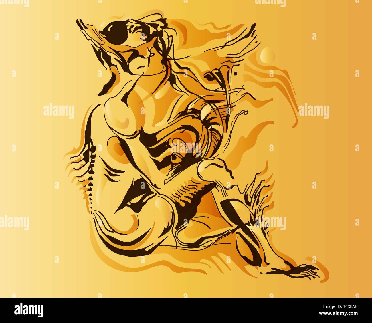 Vector image of a fantastic amphibian woman. The mutant is depicted in a seated pose. Chimeras are silhouetted with fancy ink lines and gradient fills Stock Vector