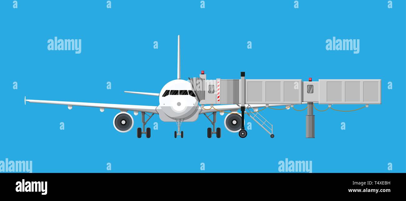 Airplane front view. Passenger or commercial jet with aero bridge or jetway. Telescopic ladder