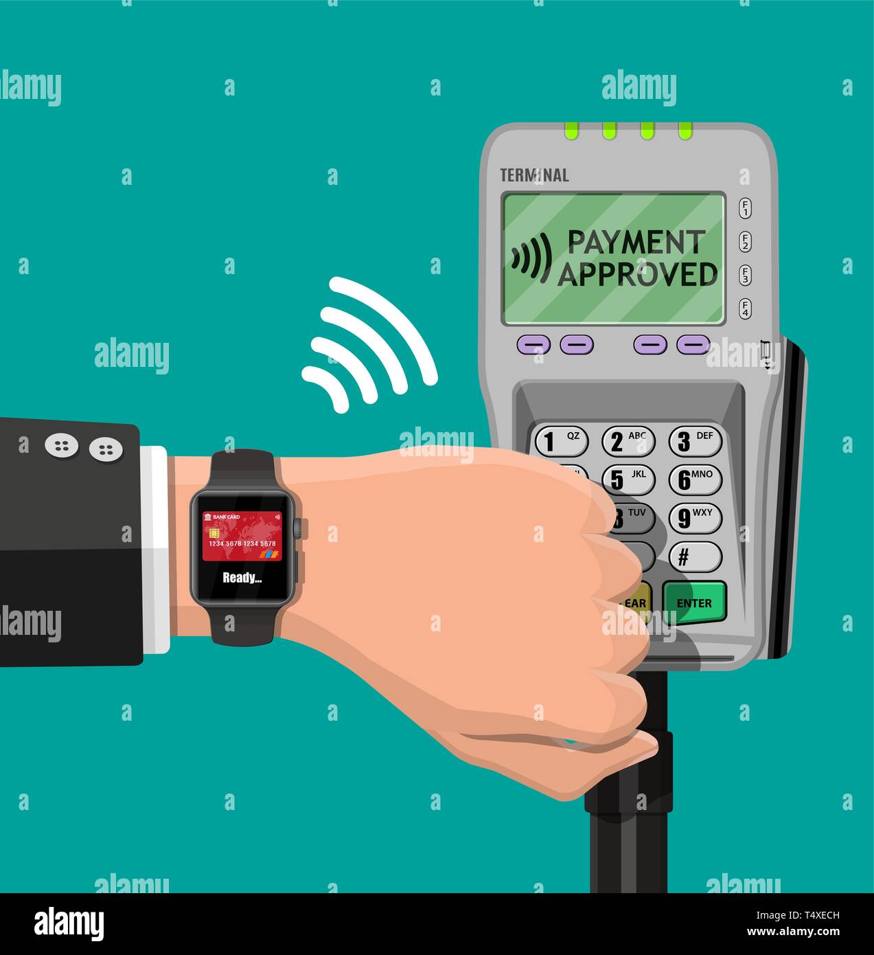 Smart watch contactless payments. Smartwatch on hand and POS terminal.  Wireless, contactless or cashless payments, rfid nfc. Vector illustration  in fl Stock Vector Image & Art - Alamy