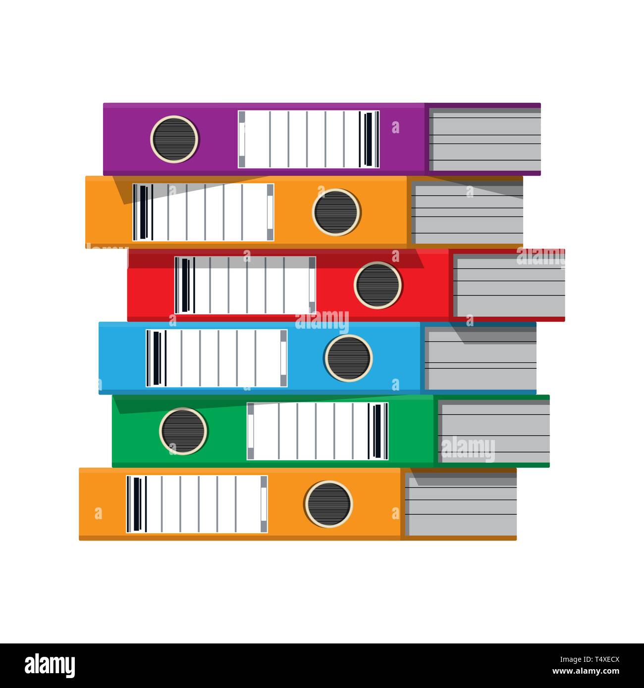 Files, ring binders, colorful office folders. Side view. Bureaucracy, paperwork and office. Vector illustration in flat style Stock Vector