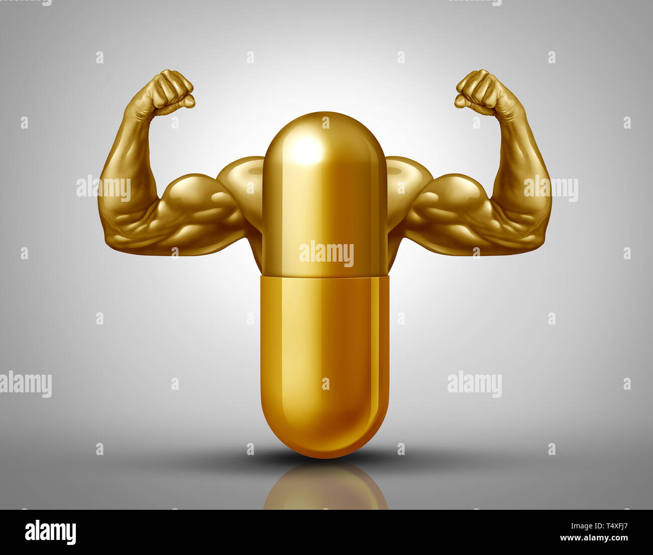 Power vitamin supplement and sport nutrition pill as a natural bodybuilding or fitness nutrient capsule with muscle biceps inside a pharmaceutical. Stock Photo