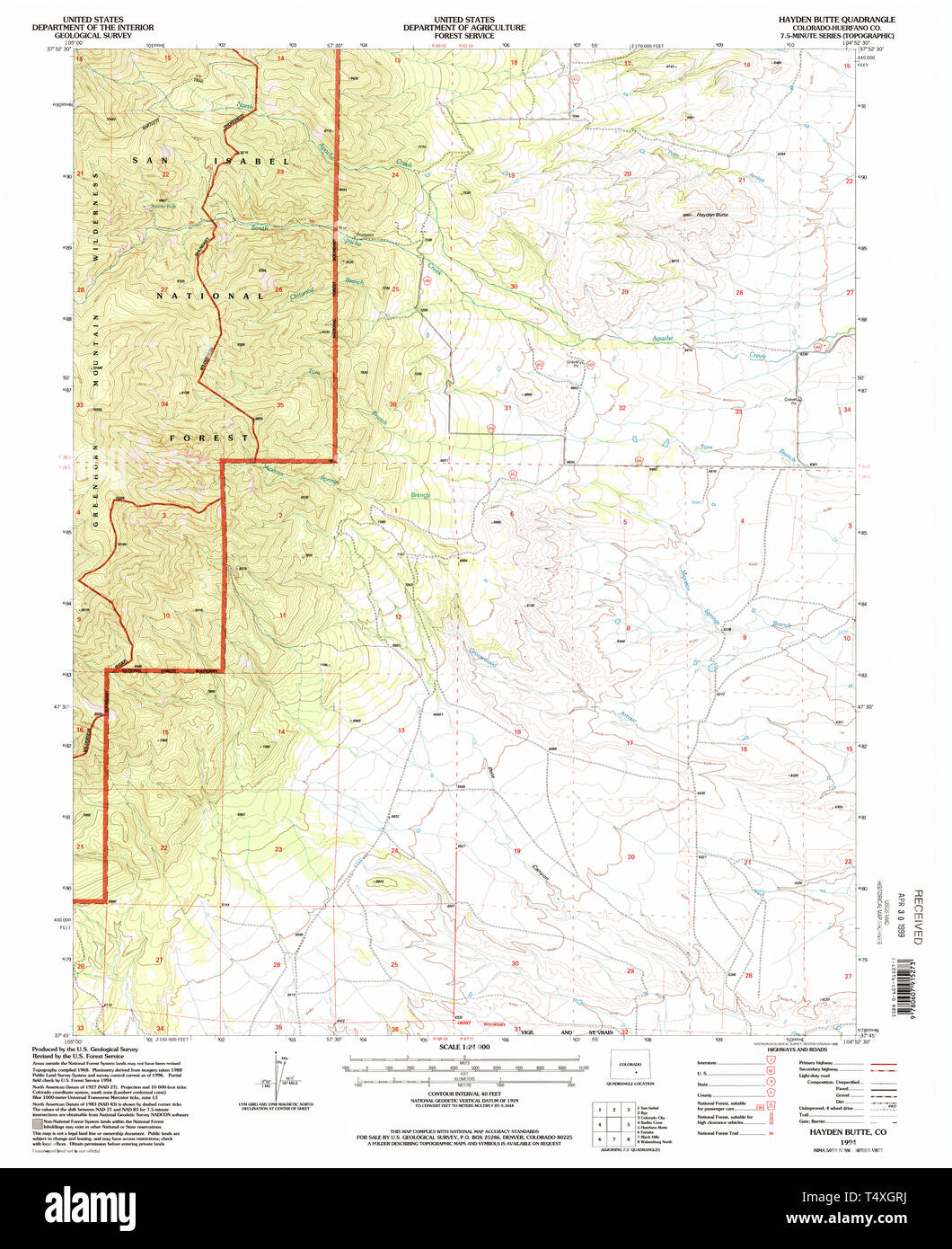 USGS TOPO Map Colorado CO Hayden Butte 233251 1994 24000 Restoration Stock Photo