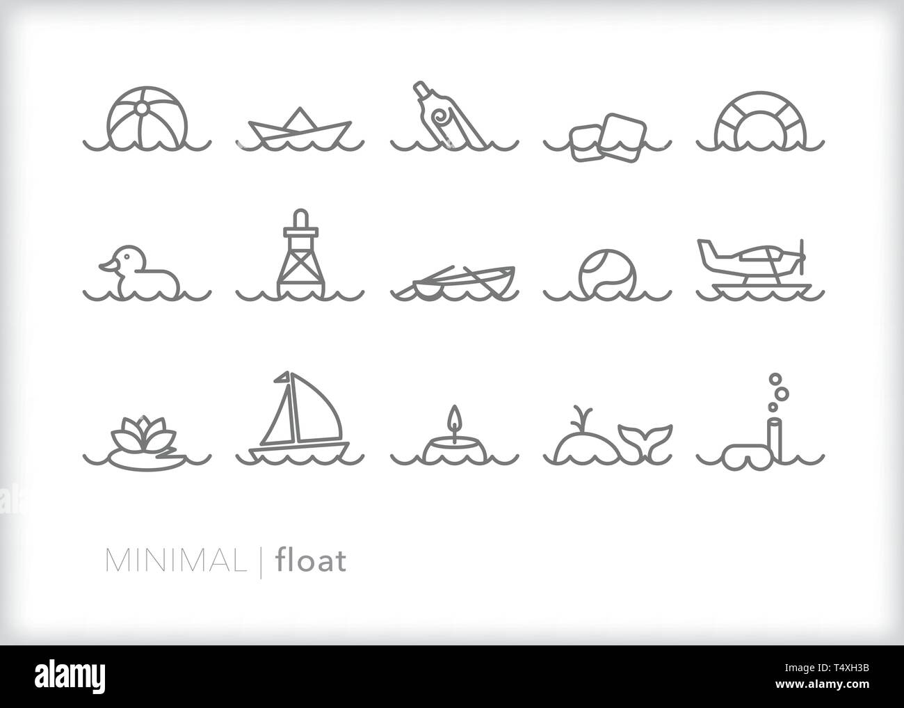 Set of 15 float line icons of items found in a pool, the ocean or other bodies of water Stock Vector