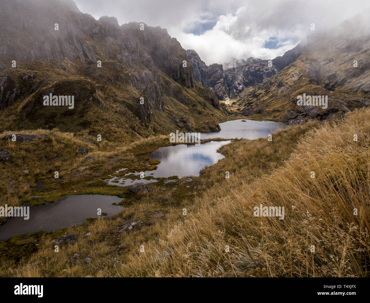 Horizontal image of a series of three small glacial lakes or tarns with moody, misty clouds, rocky mountain walls and short, brown grasses. Stock Photo