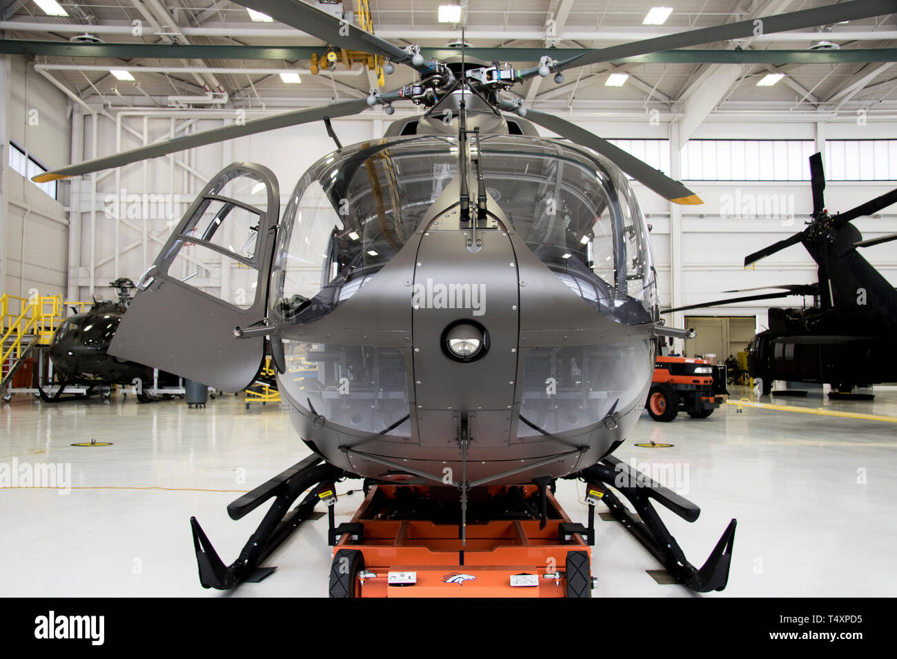 A UH-72 Lakota helicopter awaits maintenance at the High Altitude Army National Guard Aviation Training Site, Gypsum, Colo., April 18th 2019. HAATS trains aviators from all branches of the military about power management in various airframes. (U.S. Army National Guard photo by Spc. Michael Hunnisett) Stock Photo