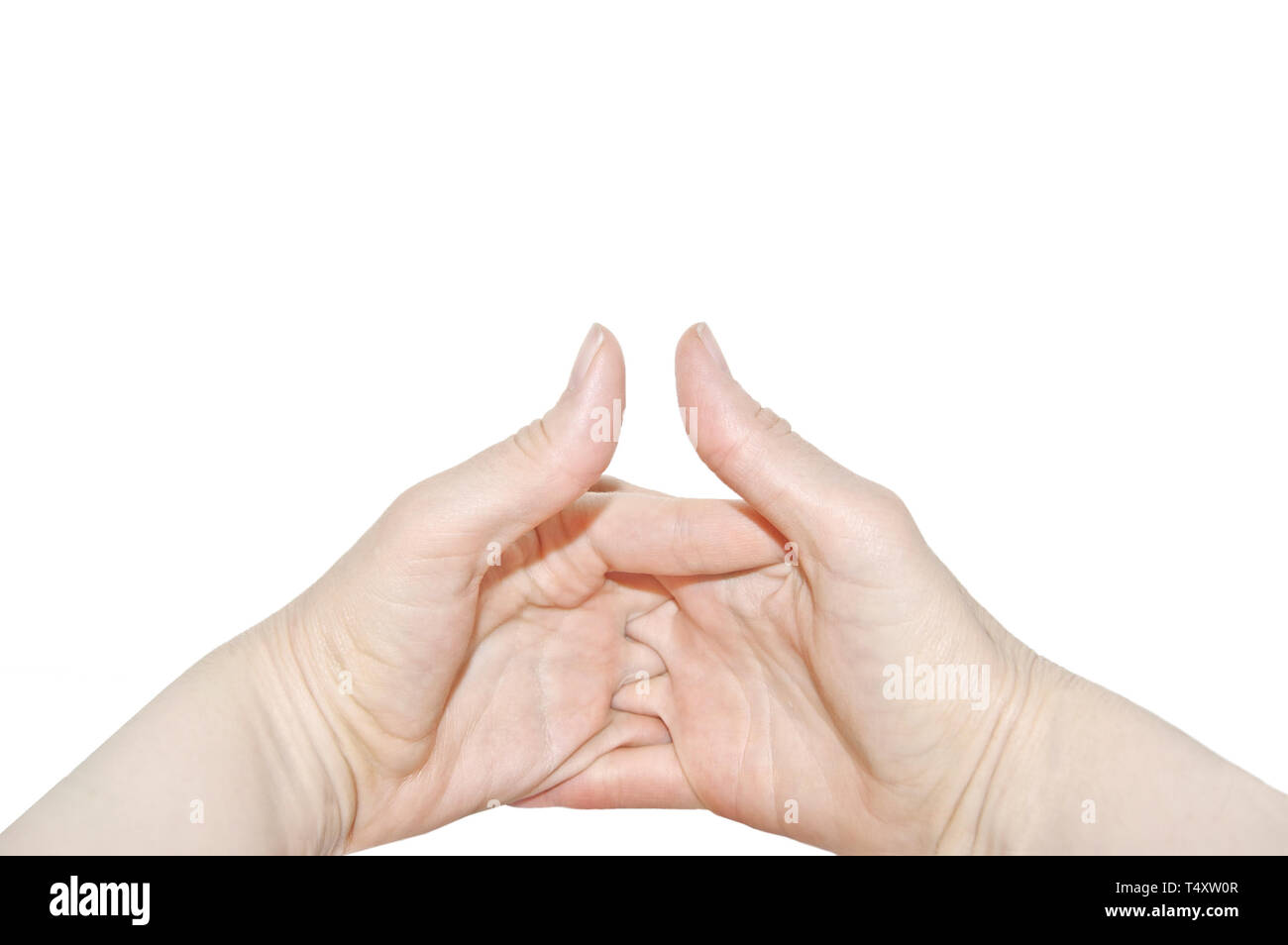 Two women's hands of the same person, interlock fingers on white background. Clasped Hands