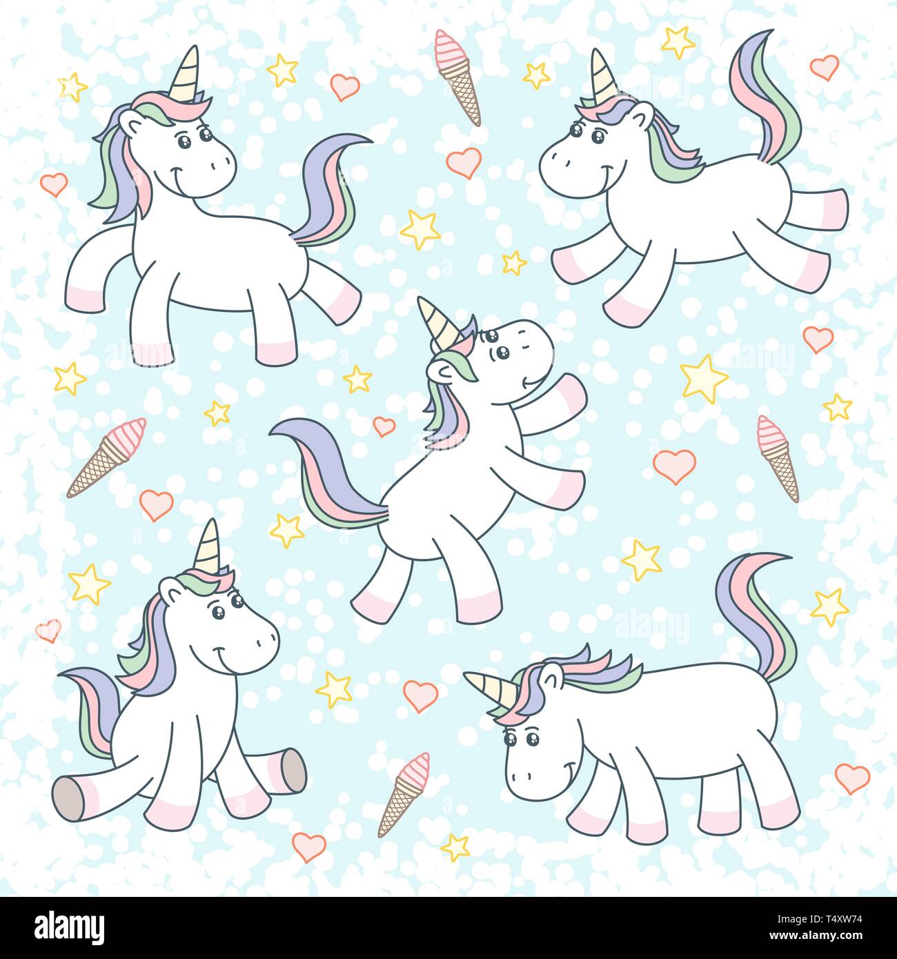 Cute magical unicorns flying in the sky with ice cream and stars Stock ...