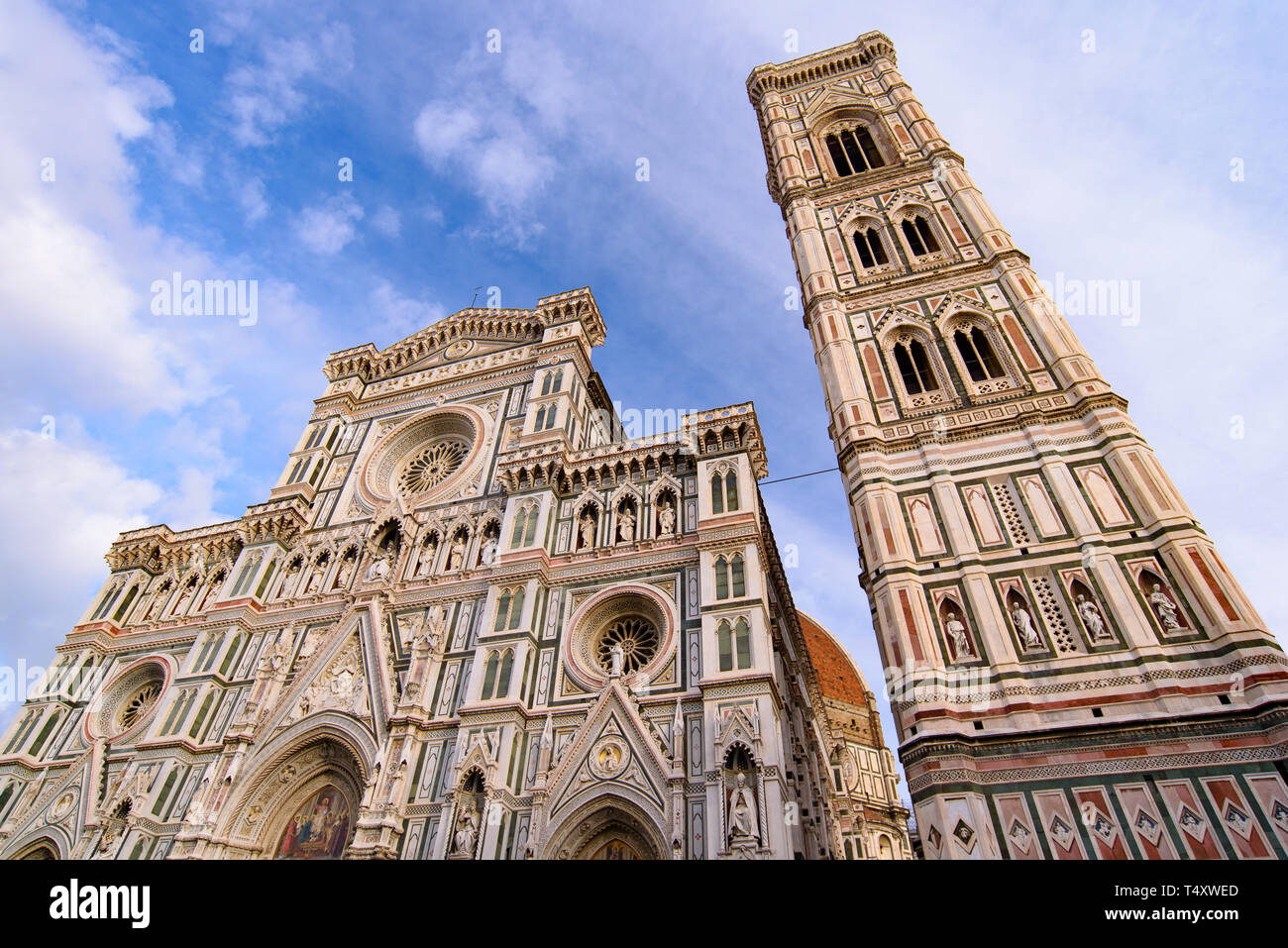 Cathedral of Saint Mary of the Flower (Duomo di Firenze) and Giotto's Campanile in Florence , Italy Stock Photo