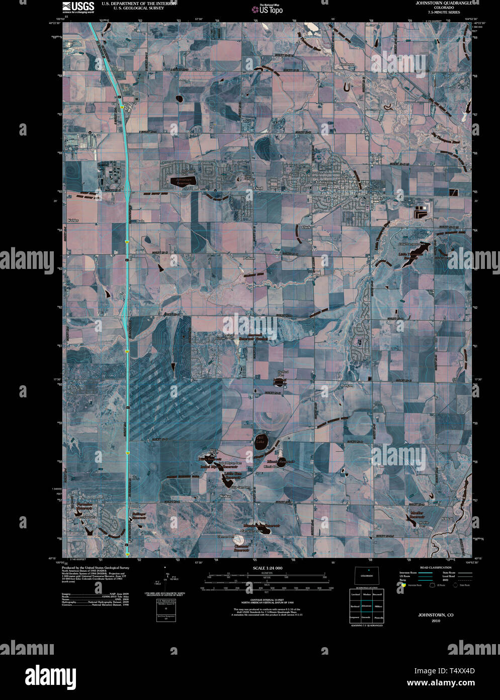 USGS TOPO Map Colorado CO Johnstown 20100831 TM Inverted Restoration Stock Photo