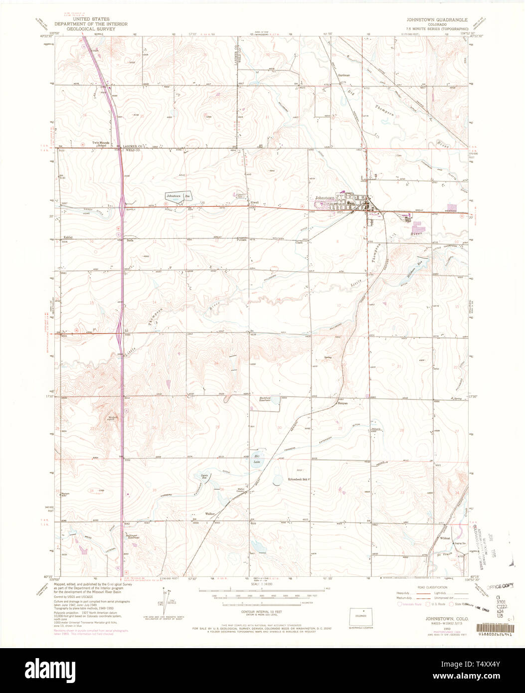USGS TOPO Map Colorado CO Johnstown 401312 1950 24000 Restoration Stock Photo