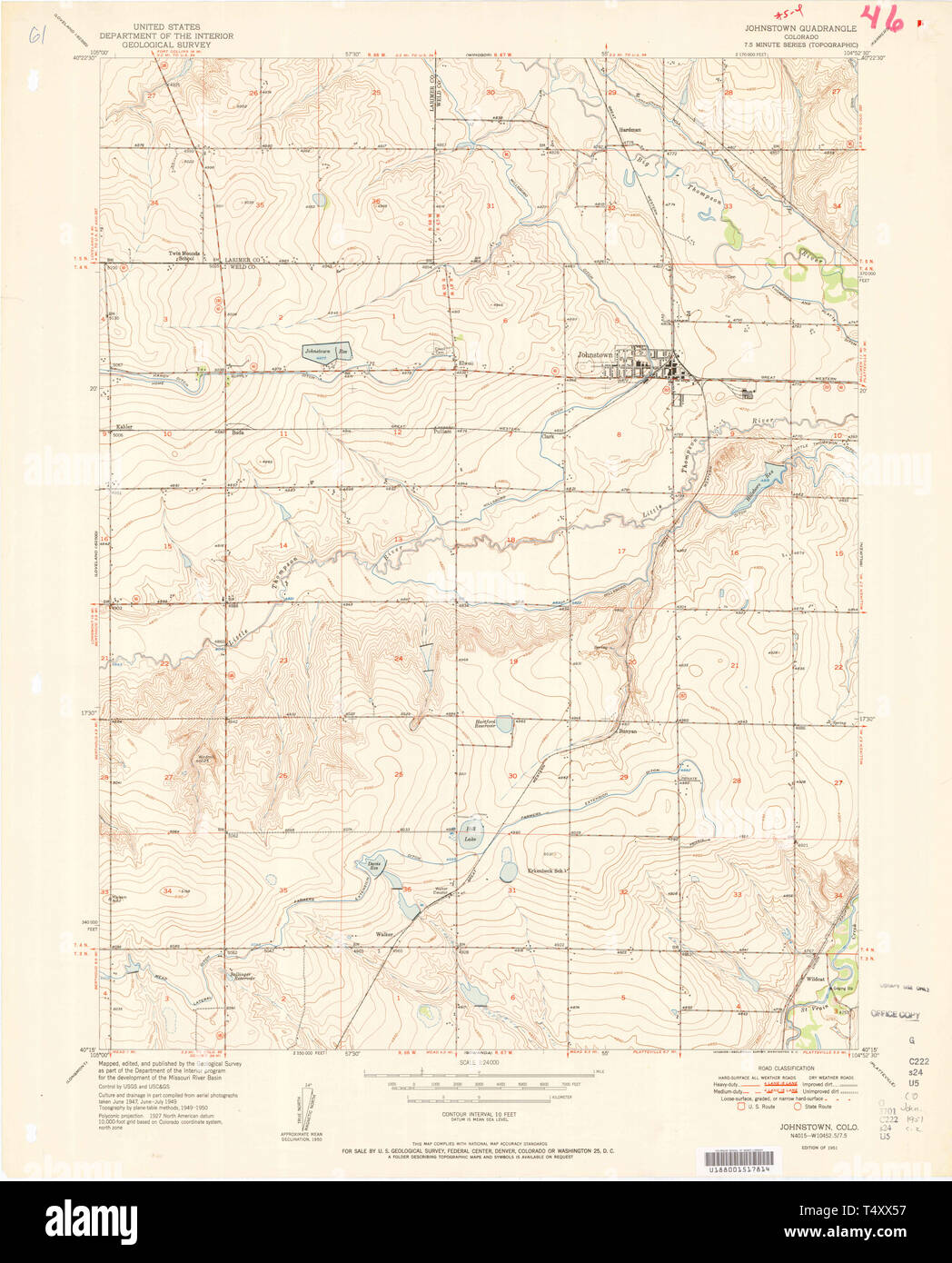 USGS TOPO Map Colorado CO Johnstown 401313 1951 24000 Restoration Stock Photo