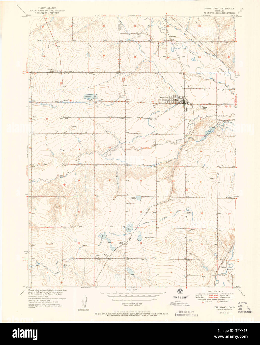 USGS TOPO Map Colorado CO Johnstown 401314 1951 24000 Restoration Stock Photo