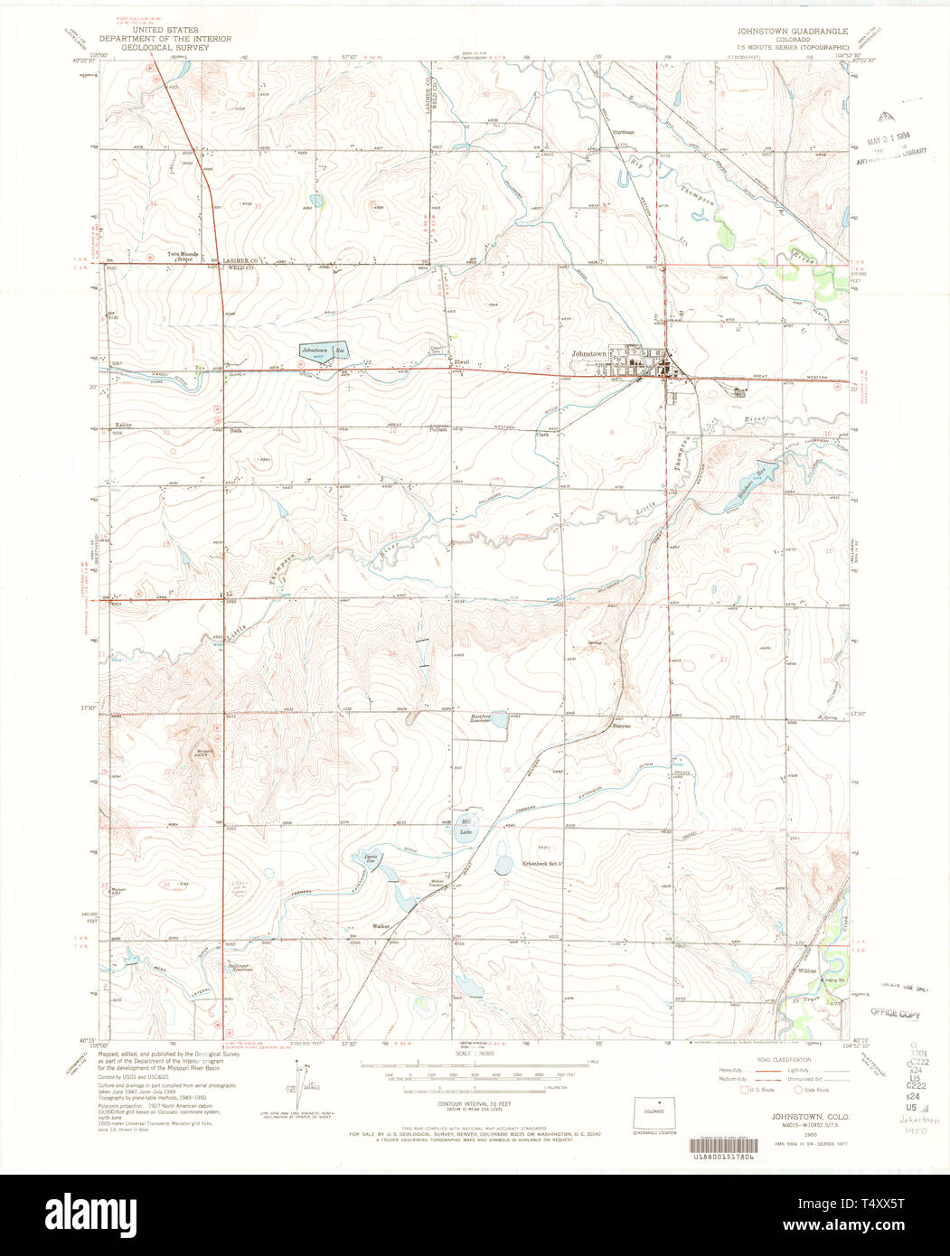 USGS TOPO Map Colorado CO Johnstown 401315 1950 24000 Restoration Stock Photo