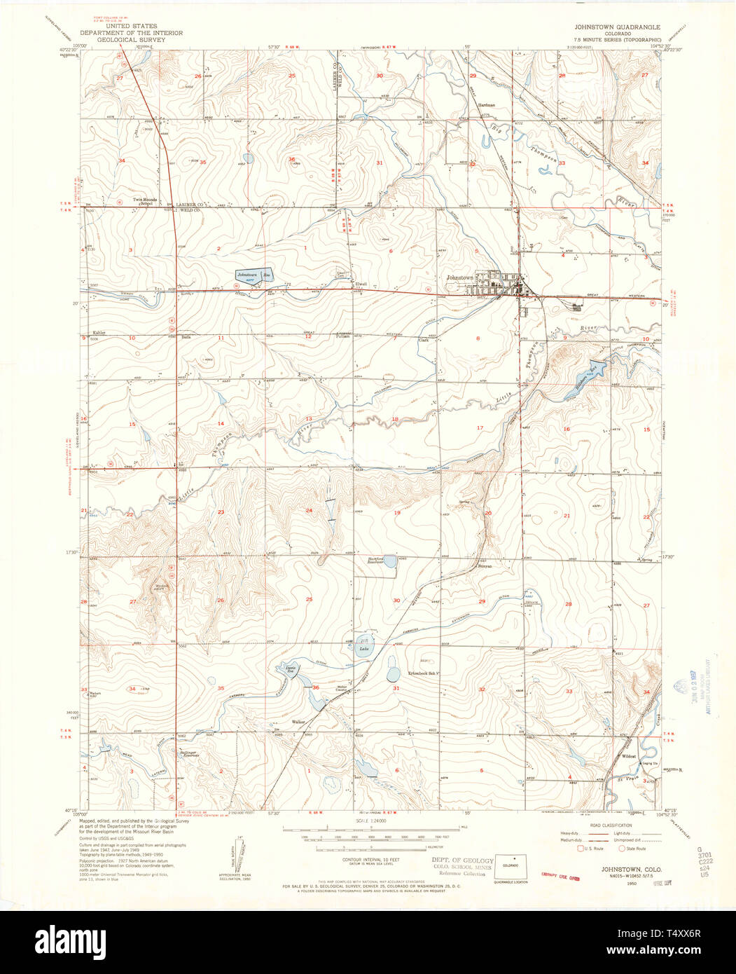 USGS TOPO Map Colorado CO Johnstown 401317 1950 24000 Restoration Stock Photo