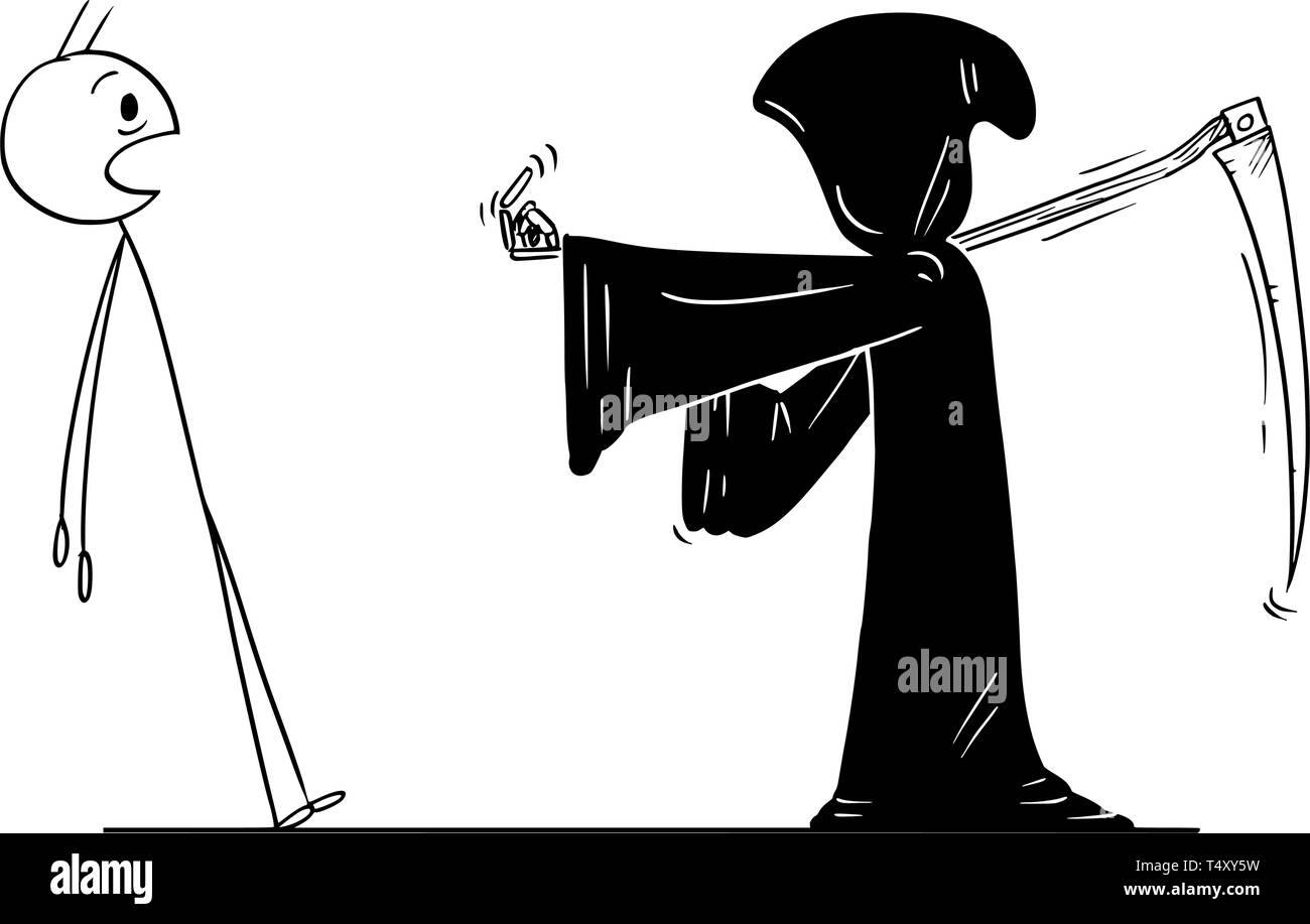 Cartoon stick figure drawing conceptual illustration of man ordered by grim  reaper with scythe and in black hood to follow him. Metaphor of death Stock  Vector Image & Art - Alamy