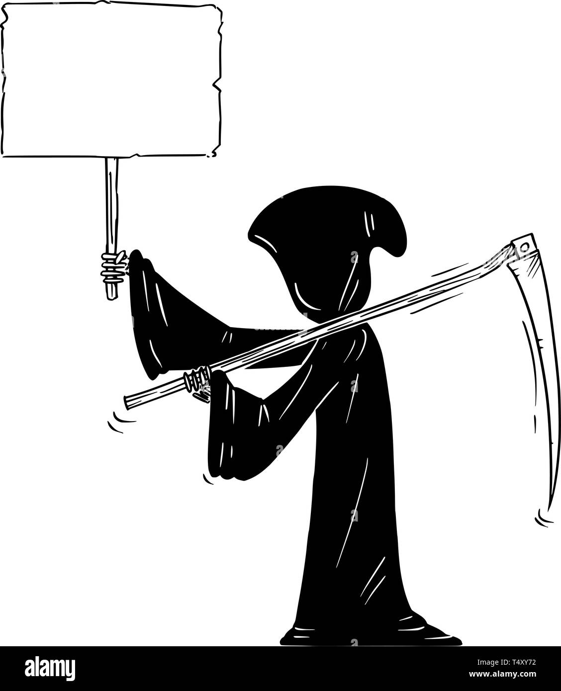 Cartoon stick figure drawing conceptual illustration of grim reaper with scythe and in black hood holding empty sign for your text. Stock Vector