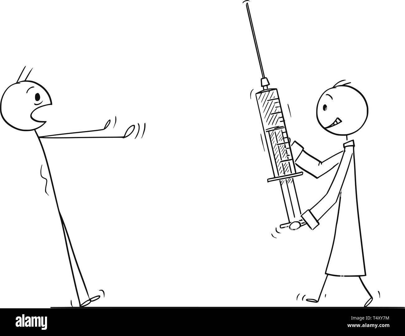 Cartoon stick figure drawing conceptual illustration of man stunned in panic looking at doctor coming with big injection or syringe. Concept of healthcare or vaccination. Stock Vector