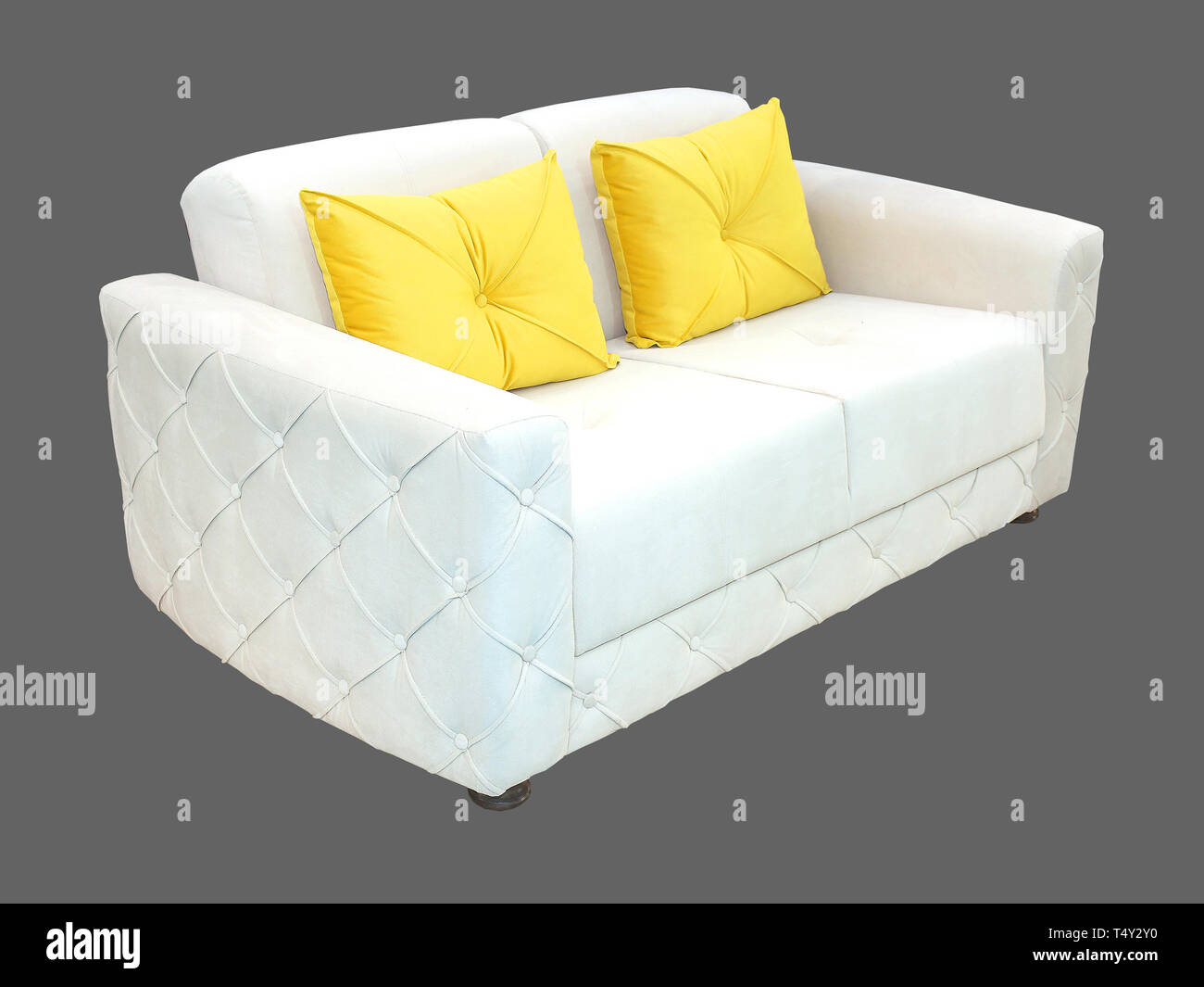 Modern White Leather Couch With Yellow Pillows Isolated With