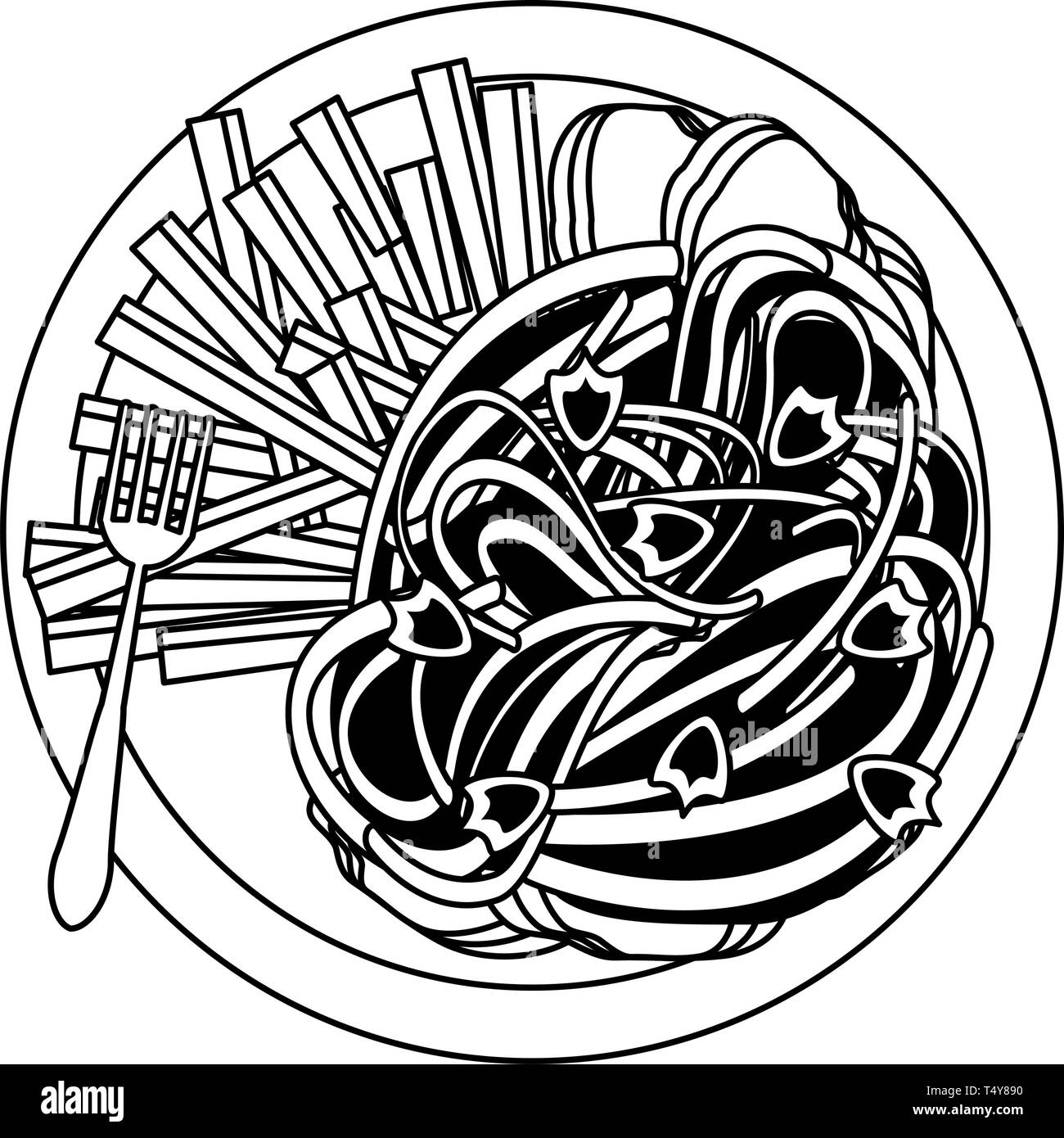 Spaghetti and french fries with fork food in black and white Stock