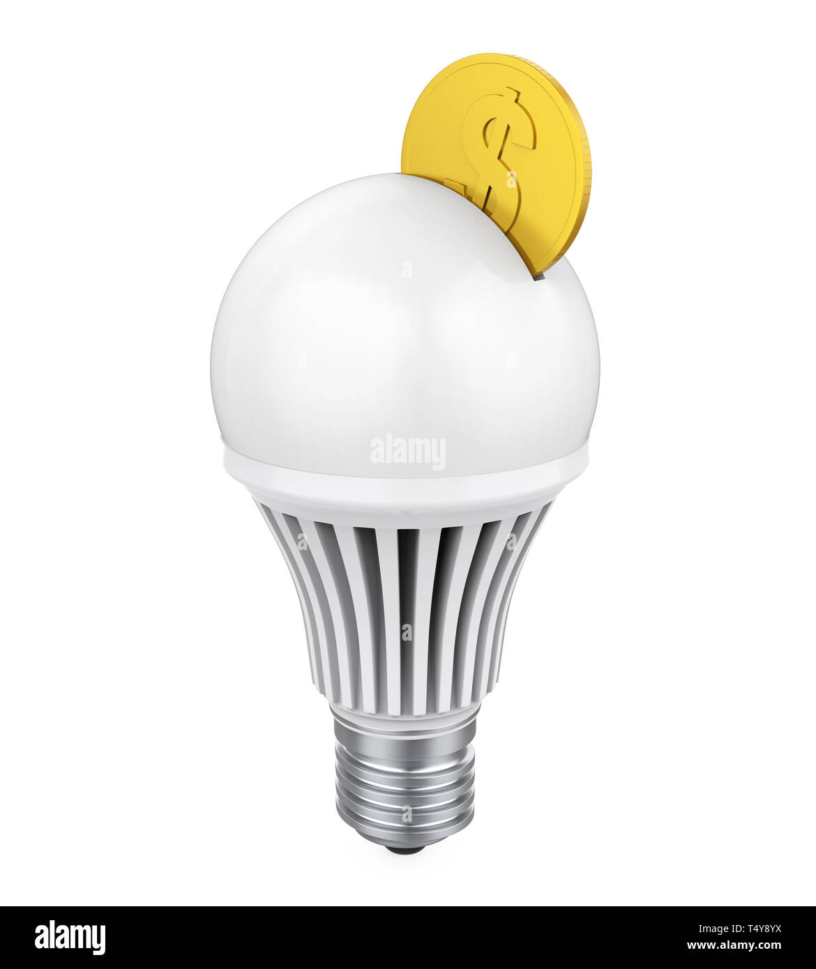 Light Bulb wih Money Coin Isolated. Energy Saving Concept Stock Photo