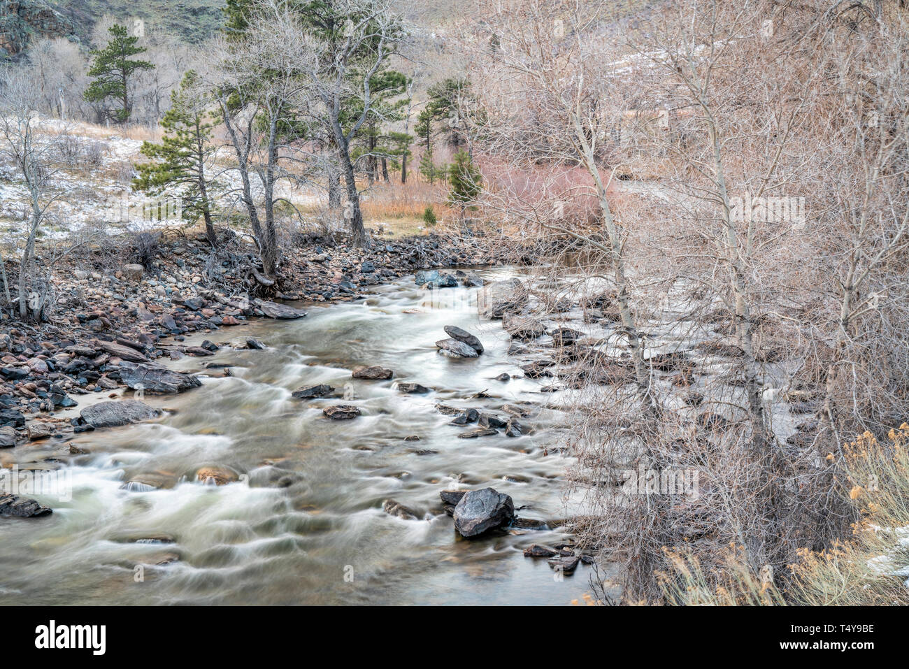 Dusk over Poudre River at Maddog Rapid, low water early spring scenery ...