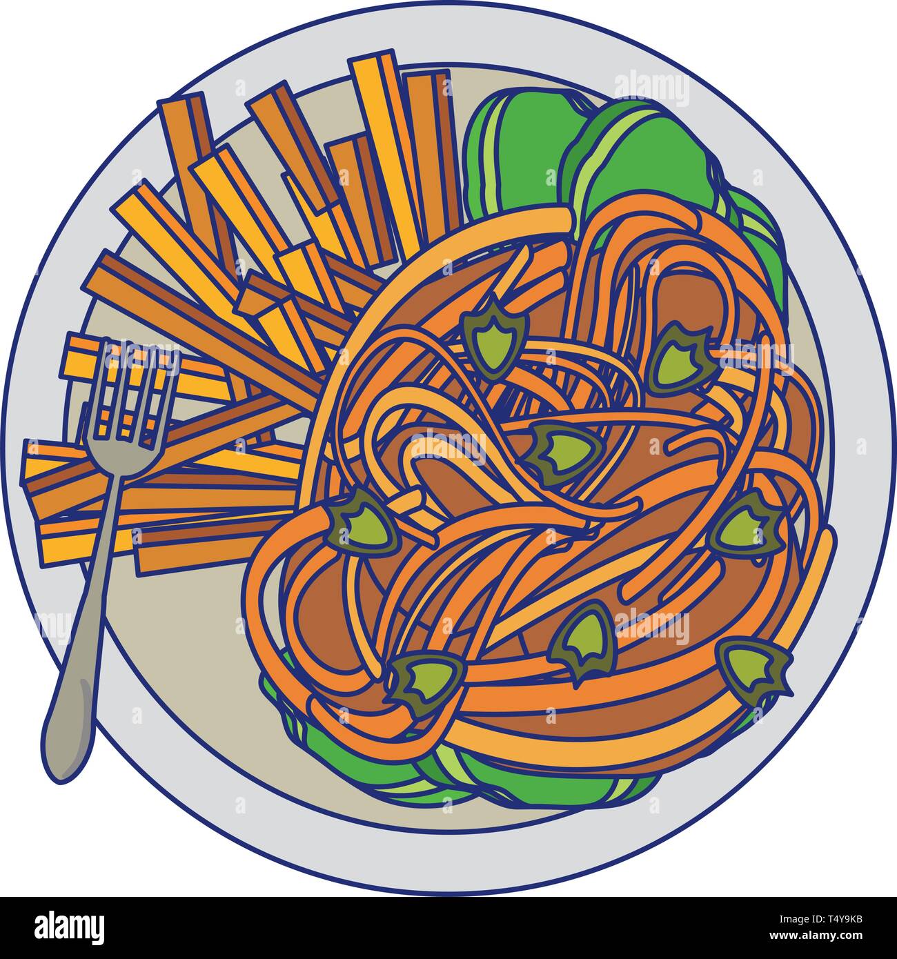 Spaghetti and french fries with fork food blue lines Stock Vector Image