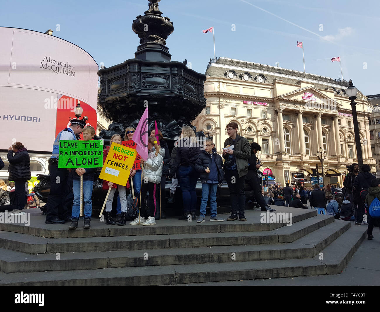 London, United Kingdom, April 15th 2019:- Extinction Rebellion protesters block in Picadilly Circus in central London to protest the current environme Stock Photo