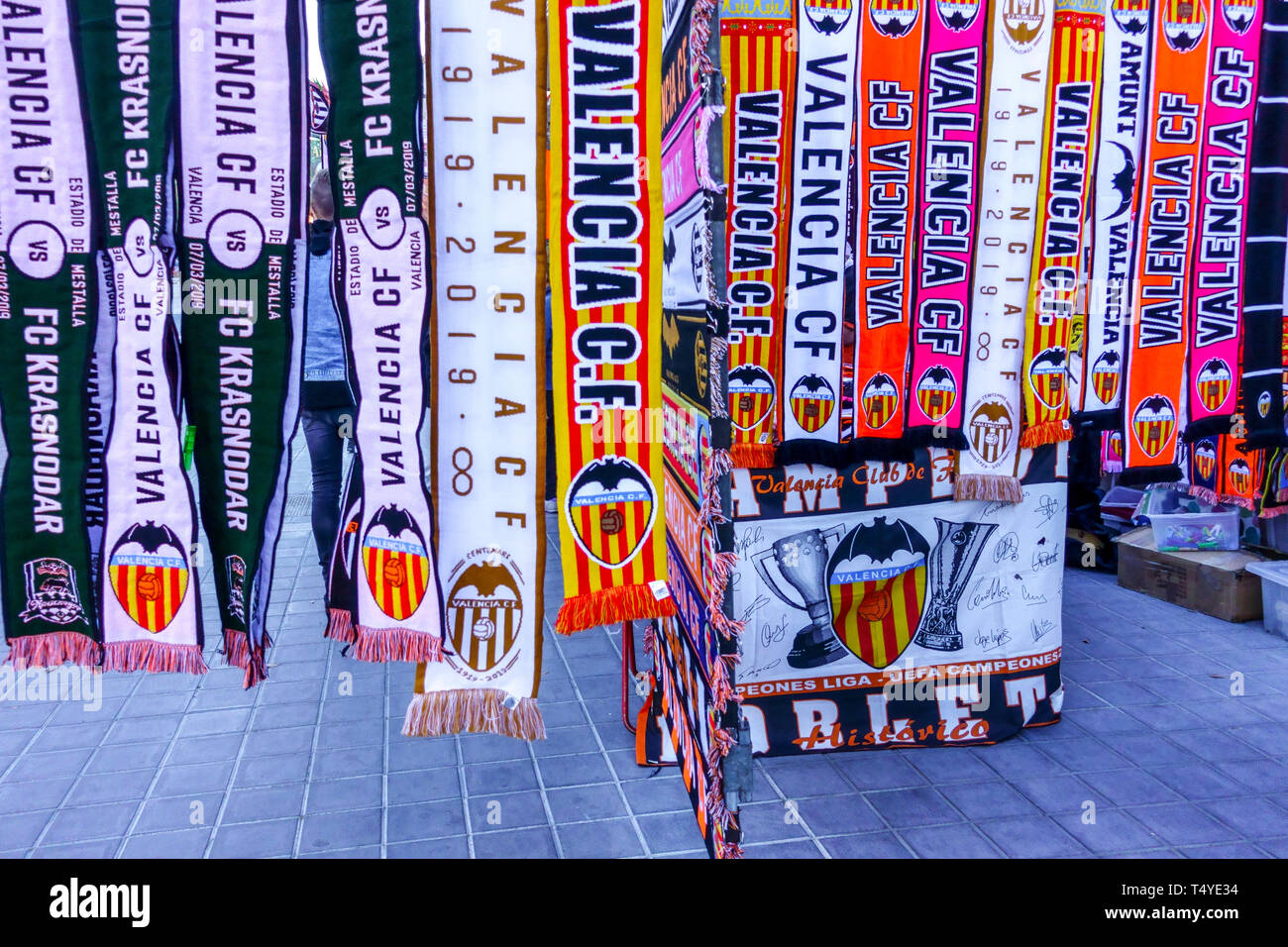 Football scarves for sale, Valencia CF, market stall, Spain Europe Stock Photo
