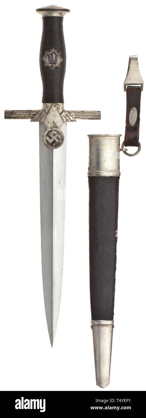 A dagger M 36 for leaders with leather hanger. The blade with etched maker's mark of Paul Weyersberg, Solingen. Pommel and quillons silvered (faded), black-leathered grip and partly enamelled (small flaws) emblem. Black-leathered iron scabbard (one locket screw missing, small leather defects), the fittings with vestiges of silvering. Leather hanger, the fittings (marked OLC) with remnants of silvering. Length 39.5 cm. In beautiful, original condition. historic, historical, Reichsluftschutzbund, State Air Protection Corps, organisation, organization, organizations, organisat, Editorial-Use-Only Stock Photo
