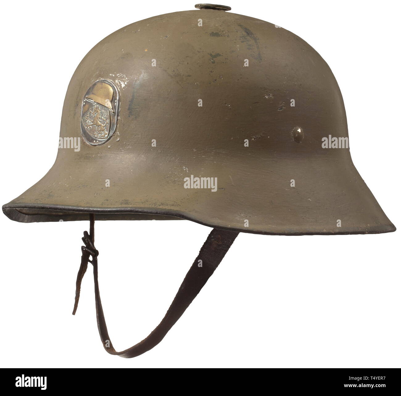 A Berndorf helmet - home defense league Steiermark. The helmet with typical  olive green paint, lateral rivets with vestiges of intact colour, the upper  surface with ventilation opening, the front with an
