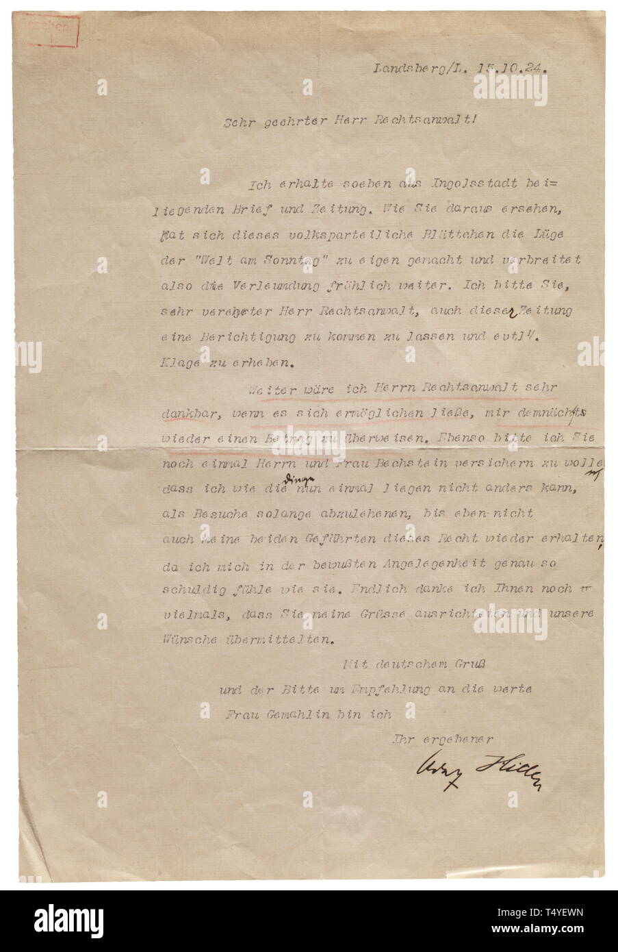 Adolf Hitler - a signed letter from his captivity in Landsberg, dated 15 October 1924. Hitler directs his attorney to defend him against libellous statements made by the newspaper 'Welt am Sonntag'. He also requests a transfer of money and addresses a visitation request of piano maker Bechstein and his wife. Following the failed Putsch attempt in 1923 Hitler was incarcerated in the fortress of Landsberg. He was released on 20 December 1924. historic, historical, 20th century, 1930s, NS, National Socialism, Nazism, Third Reich, German Reich, Germany, German, National Sociali, Editorial-Use-Only Stock Photo