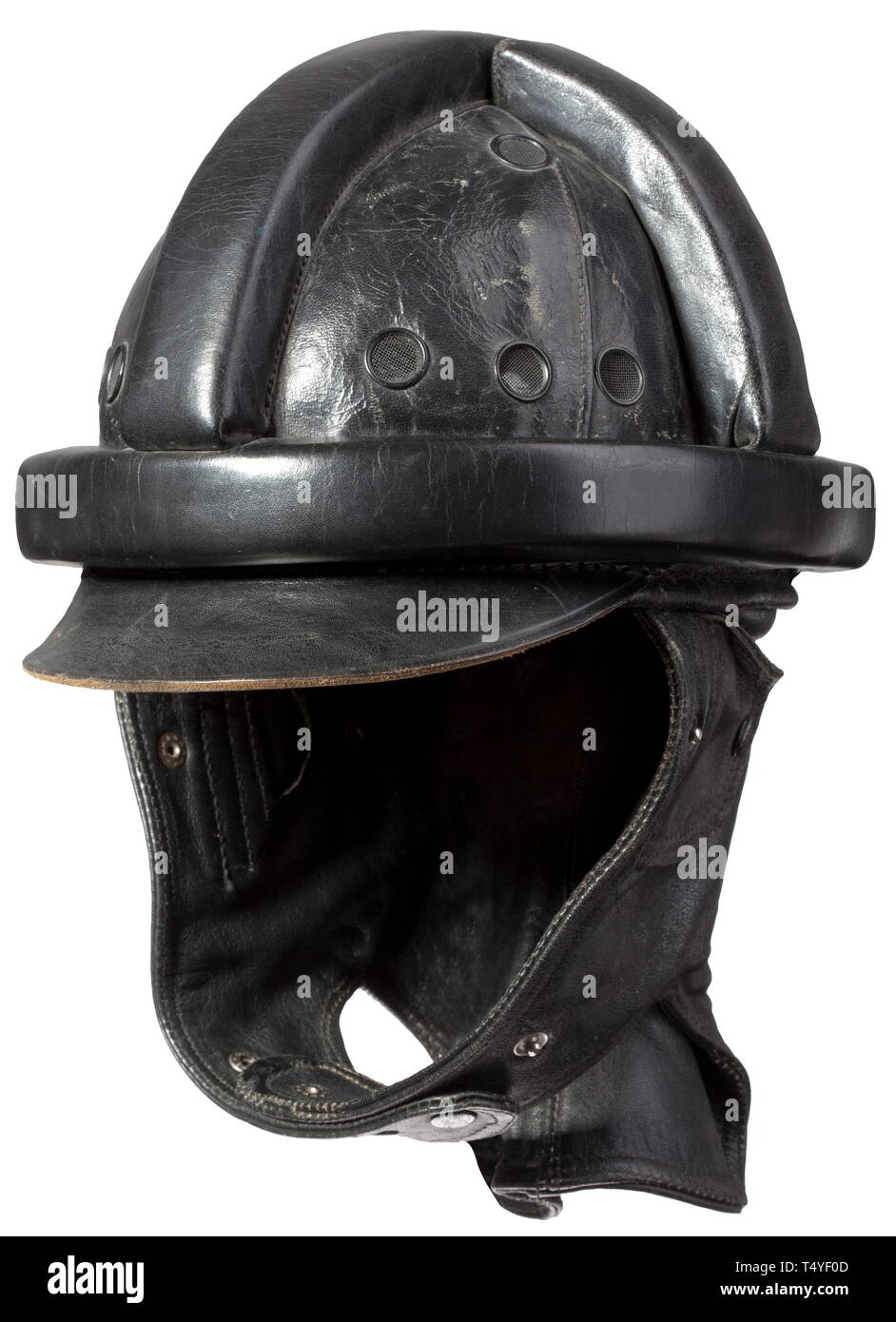 A crash helmet for sail- and glider pilots Black lacquered leather body with protective bulges, one of the 16 ventilation perforations damaged, ear- and neck guards of black leather. In the black imitation silk liner is a bordered white stamp 'LS' with Luftwaffe eagle. Leather sweatband with '55' size stamping. historic, historical, organisation, organization, organizations, organisations, 20th century, Editorial-Use-Only Stock Photo
