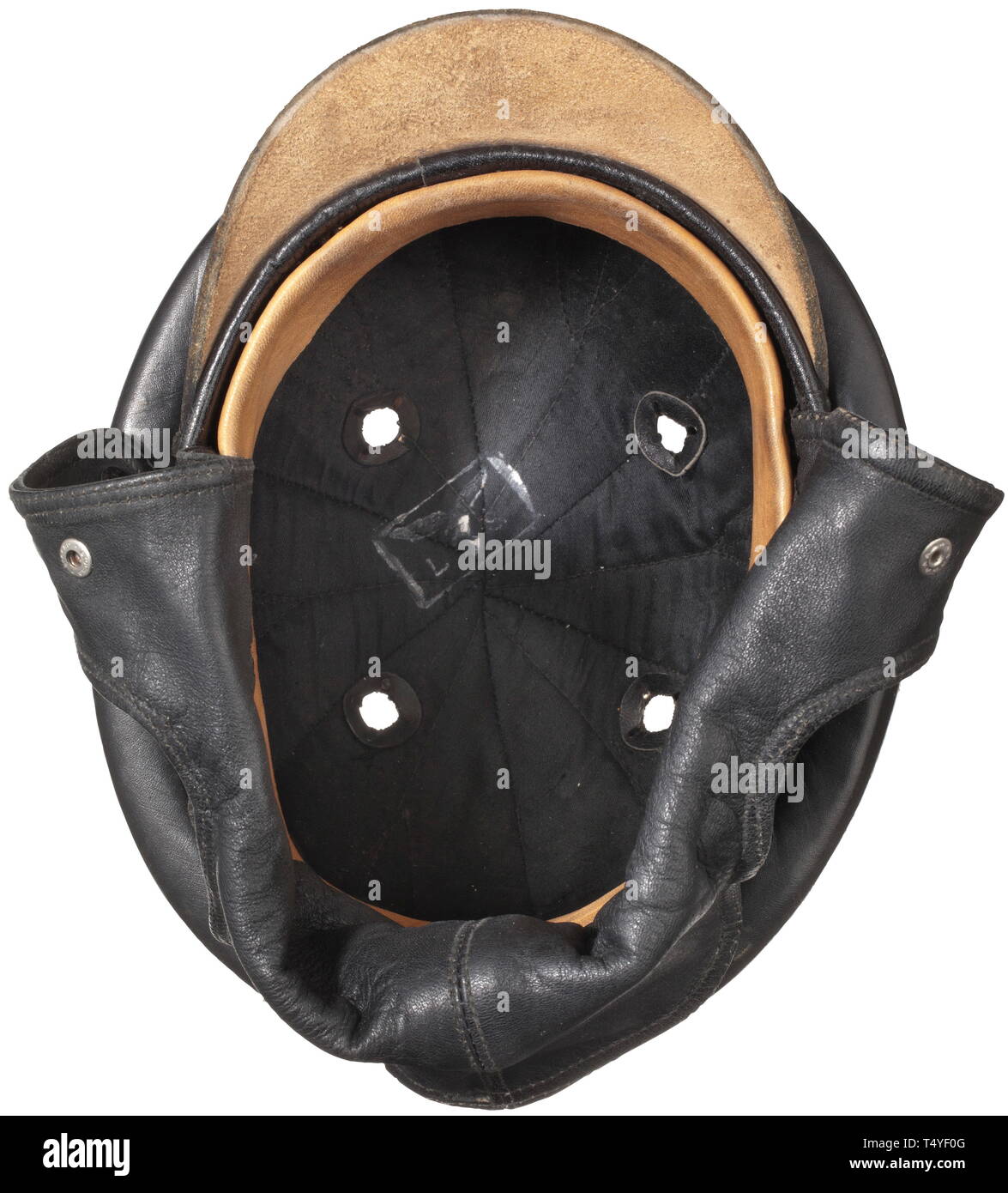 A crash helmet for sail- and glider pilots Black lacquered leather body with protective bulges, one of the 16 ventilation perforations damaged, ear- and neck guards of black leather. In the black imitation silk liner is a bordered white stamp 'LS' with Luftwaffe eagle. Leather sweatband with '55' size stamping. historic, historical, organisation, organization, organizations, organisations, 20th century, Editorial-Use-Only Stock Photo