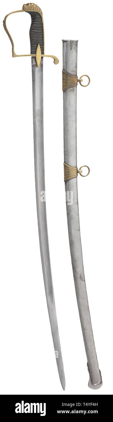 A sabre for Uhlan officers, as worn circa in 1815. Fullered, slightly curved blade, the fullers on both sides with the coat of arms of Saxony, the back of the blade inscribed 'Eisenhauer'. Blade cleaned and slightly sharpened. Brass knuckle-bow hilt with lion's head pommel, the relief knuckle-bow also with the coat of arms of Saxony. Sharkskin-covered grip with brass wire winding. Iron scabbard with brass mounts. Length 98 cm. Cf. Hilbert, Blankwaffen aus drei Jahrhunderten, p. 95, fig. 120. historic, historical, Saxony, Saxonia, Saxonian, German, Additional-Rights-Clearance-Info-Not-Available Stock Photo