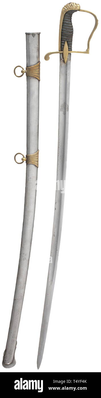 A sabre for Uhlan officers, as worn circa in 1815. Fullered, slightly curved blade, the fullers on both sides with the coat of arms of Saxony, the back of the blade inscribed 'Eisenhauer'. Blade cleaned and slightly sharpened. Brass knuckle-bow hilt with lion's head pommel, the relief knuckle-bow also with the coat of arms of Saxony. Sharkskin-covered grip with brass wire winding. Iron scabbard with brass mounts. Length 98 cm. Cf. Hilbert, Blankwaffen aus drei Jahrhunderten, p. 95, fig. 120. historic, historical, Saxony, Saxonia, Saxonian, German, Additional-Rights-Clearance-Info-Not-Available Stock Photo