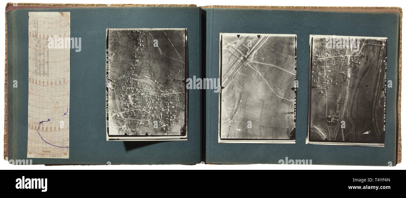 A photo album of Flying Detachment 265 and 212. Ca. 141 first-class images of aviation troops. Biplanes of many types, aerial views of positions and places on the Western front including Paris, group photos with decorations, aircraft with special painting, recognition marks and other markings, some with descriptions. Also a large-format photo of the position near Bourland. Good technical and aircraft photos. historic, historical, troop, troops, armed forces, military, militaria, army, wing, group, air force, air forces, 20th century, Additional-Rights-Clearance-Info-Not-Available Stock Photo