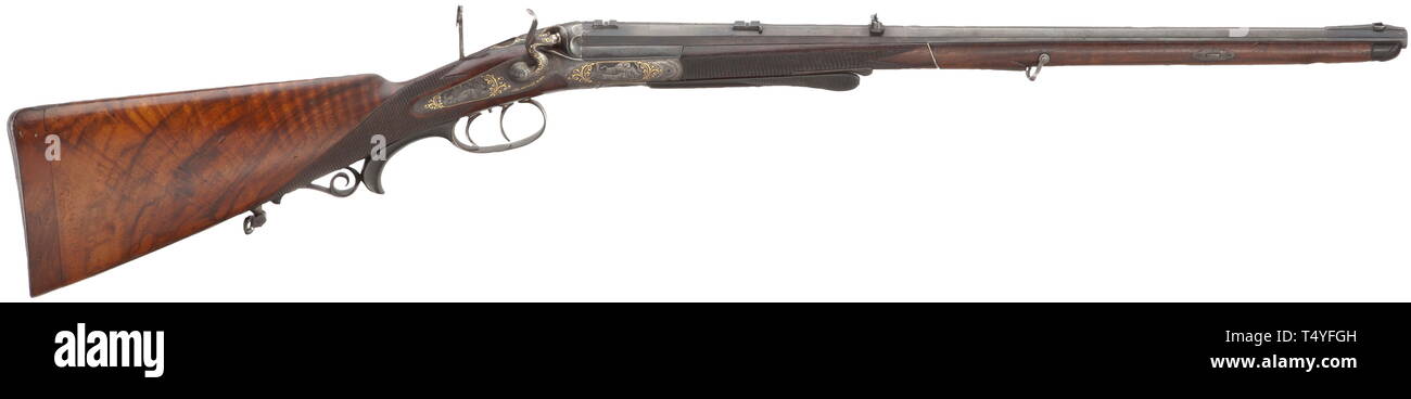 Ernst August III, Duke of Braunschweig - a small bore rifle, Heinige in Vienna before 1910. Cal..22lfb. Octagonal barrel that has been attached professionally in the front half and equipped with an insert barrel(?). Machined barrel rib, later scope fastenings, with remnants of the gold-inlaid signature in between. Fine tendril engraving at the chamber. T-breech, set trigger. Lockplate and furniture profusely engraved in extraordinary quality depicting scenes of wild animals between tendrils and golden scrollwork, the upper grip strap with the cip, Additional-Rights-Clearance-Info-Not-Available Stock Photo