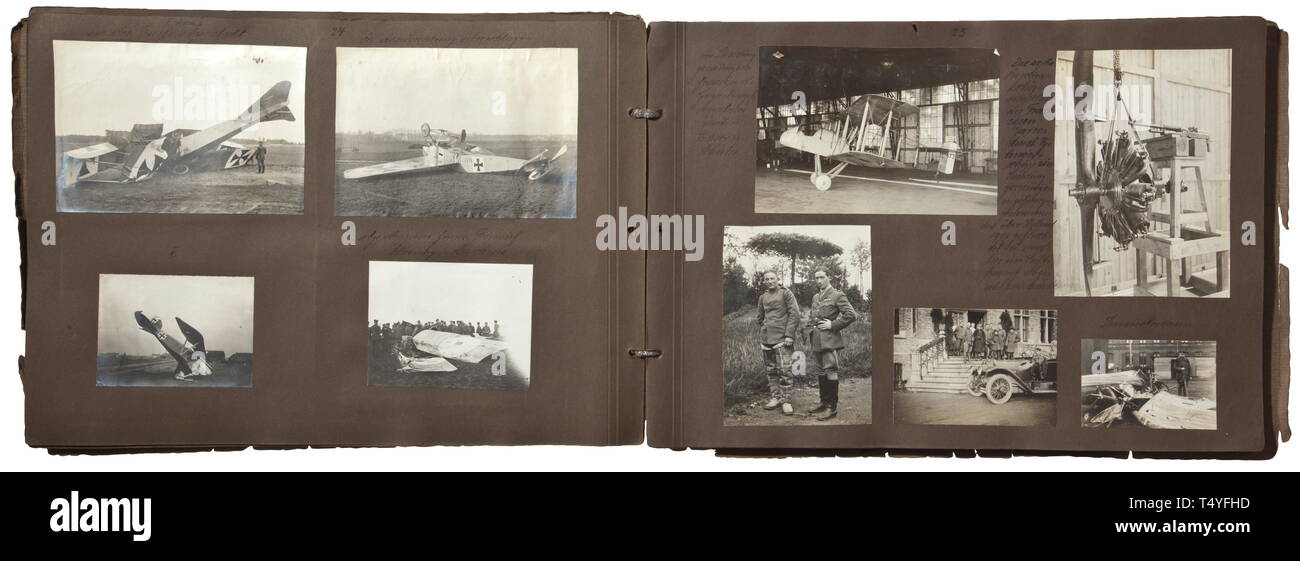 A photo album Army Air Park 4 - Field Flying Detachment 40. Labelled album with ca. 280 images of 'FFA 40'. Biplanes of various types, aerial images, bunkers, group photos with decorations, aircraft with special painting, recognition marks and other markings. Images of captured machines with German markings, rare aircraft types such as 'AGO', 'AGO C II' and 'RE 5' from the Royal Aircraft Factory (Experimental Reconnaissance), German large bombers. Good technical and aircraft images as well as portraits, with many handwritten descriptions, the bin, Additional-Rights-Clearance-Info-Not-Available Stock Photo