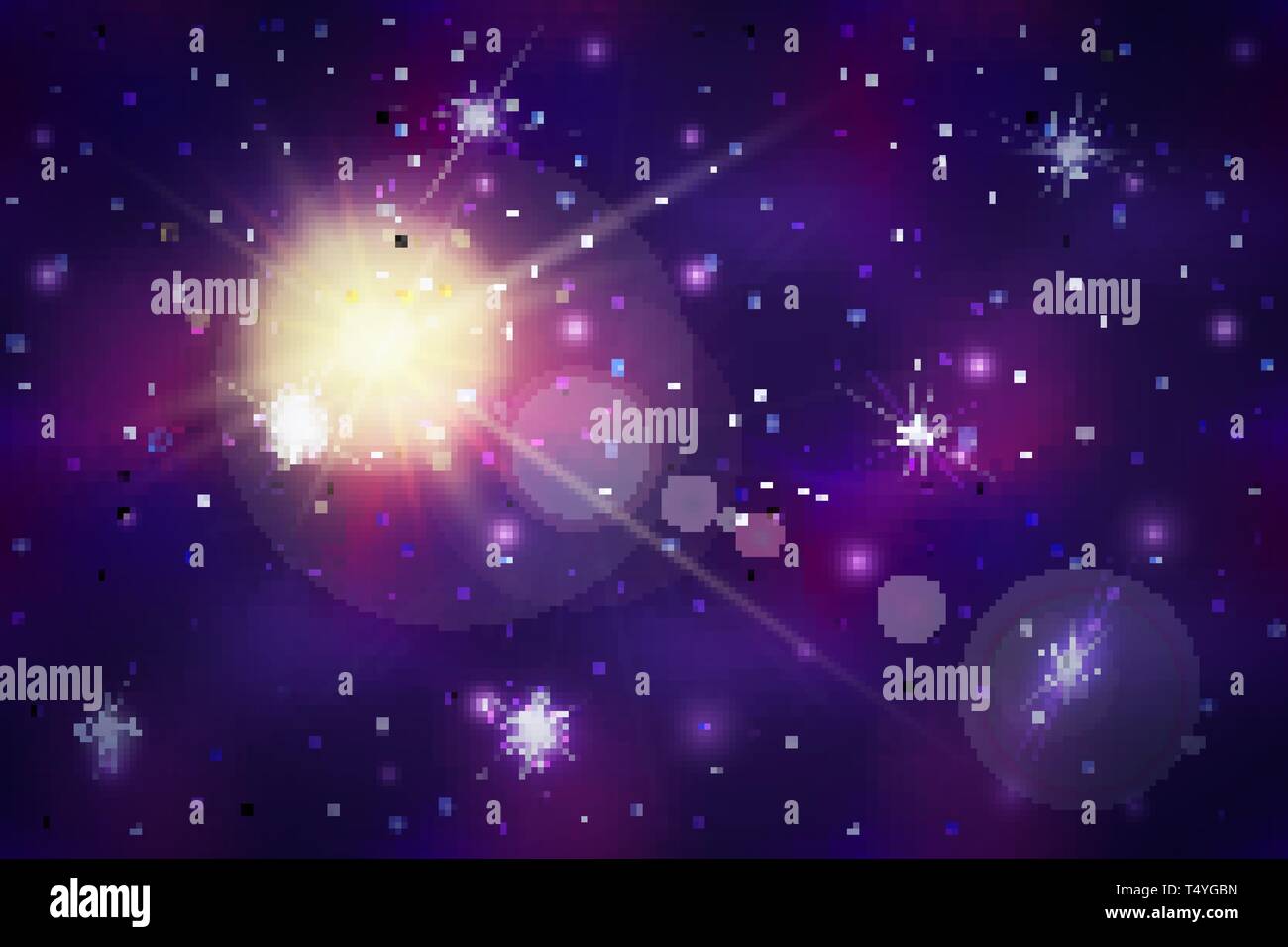 Deep purple space background with bright star and lens flare Stock Vector