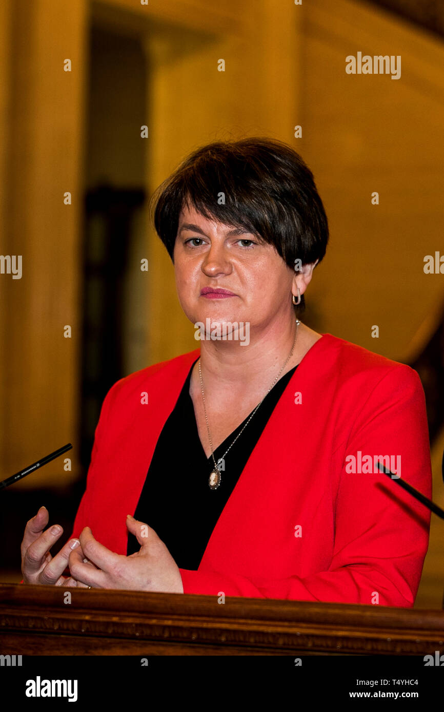 DUP leader Arlene Foster during a press conference where she spoke of the unrest in Londonderry and expresses condolences to the family and partner of 29-year-old Lyra McKee who was shot and killed. Stock Photo