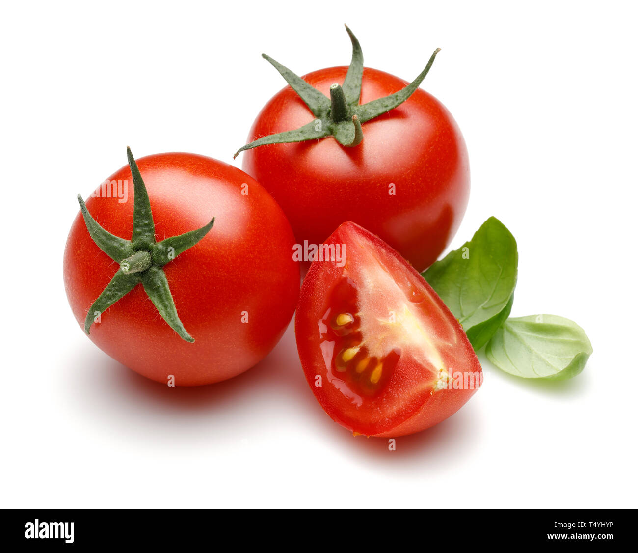Fresh tomatoes and basil leaves isolated on white background Stock ...
