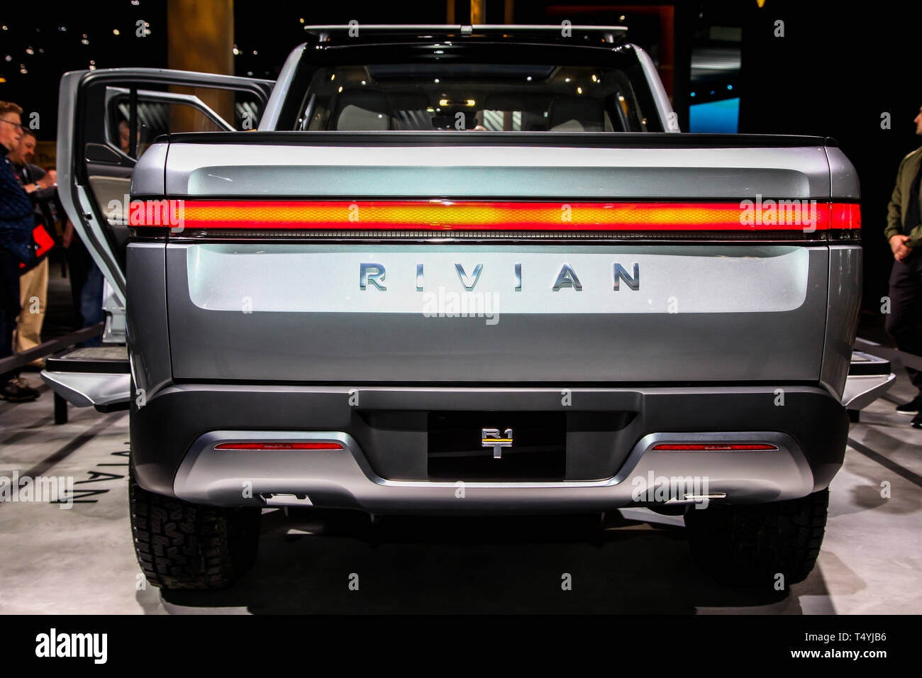 Rivian R1T Pickup truck is an all electric vehicle shown at the New York International Auto Show 2019, at the Jacob Javits Center. This was Press Prev Stock Photo