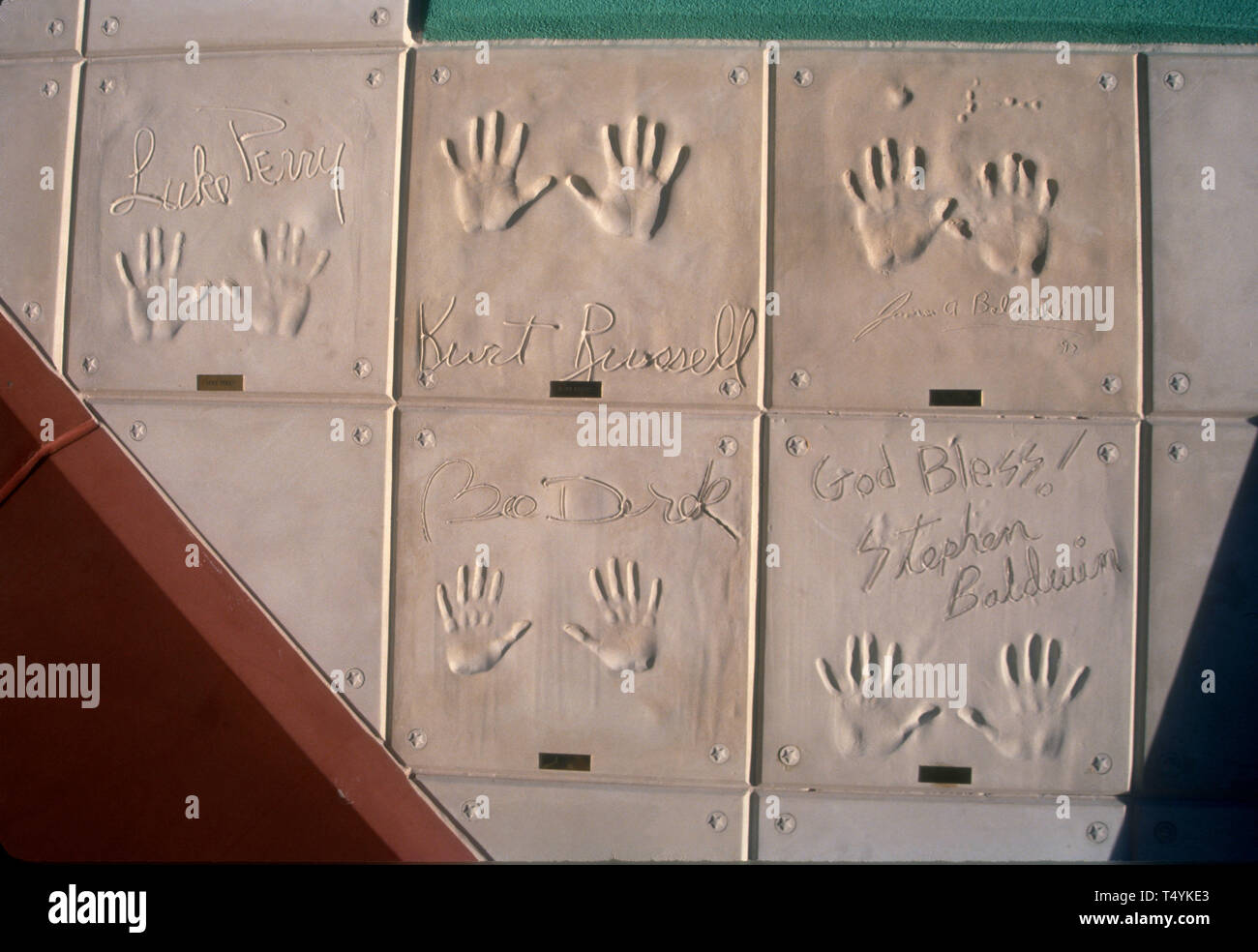 Phoenix, Arizona, USA 27th March 1994  A general view of atmosphere of handprints of Luke Perry, Bo Derek, Stephen Baldwin and Kurt Russell on display at Grand Opening of Planet Hollywood Phoenix on March 27, 1994 in Phoenix, Arizona, USA. Photo by Barry King/Alamy Stock Photo Stock Photo